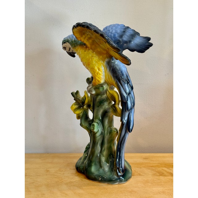 Figurative Large Hand-Painted Majolica Ceramic Macaw Sculpture For Sale - Image 3 of 11