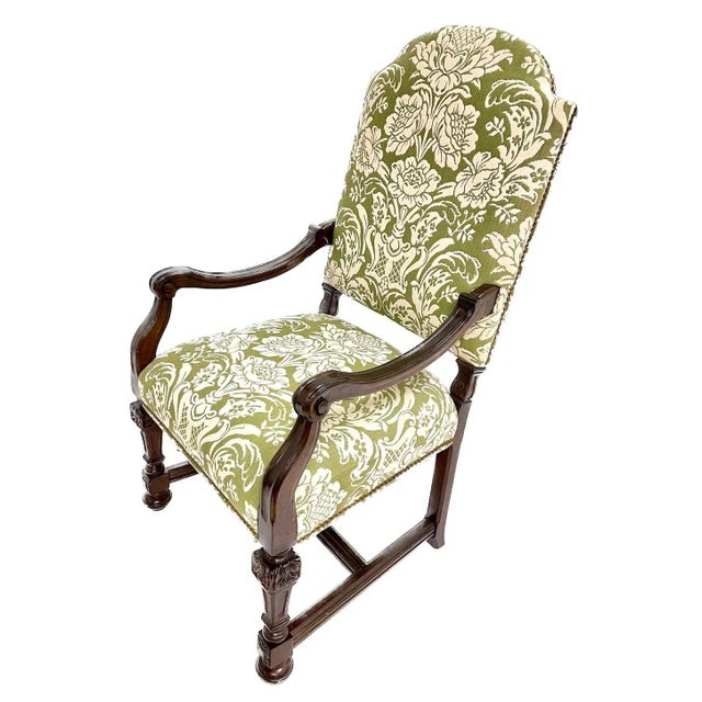 Vintage carved and green & beige floral damask upholstered Louis III armchair with green & white striped upholstered back...