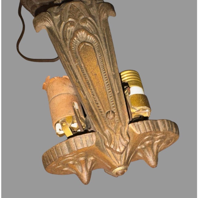 Pair Antique Art Deco 2 Light Ceiling Fixtures Amber Glass Slip Shades 1930s For Sale - Image 10 of 12