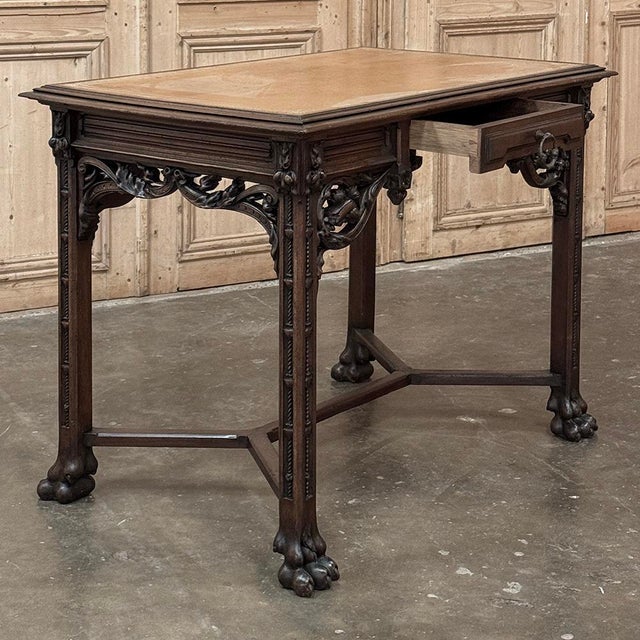 19th Century French Gothic Walnut Writing Desk With Leather Top For Sale - Image 14 of 18