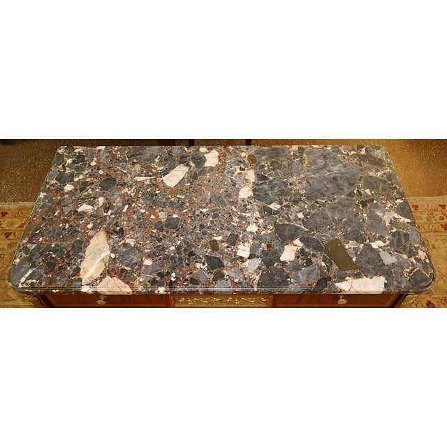 French Louis XVI Style Marble Top Bronze Mounted Inlaid Dresser Commode C 1920's For Sale - Image 9 of 11