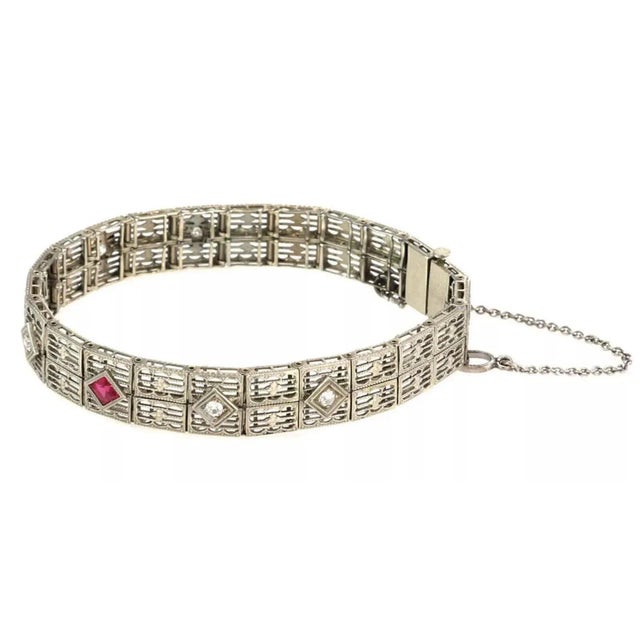 Contemporary Art Deco Diamond 18k White Gold Filigree Bracelet For Sale - Image 3 of 5
