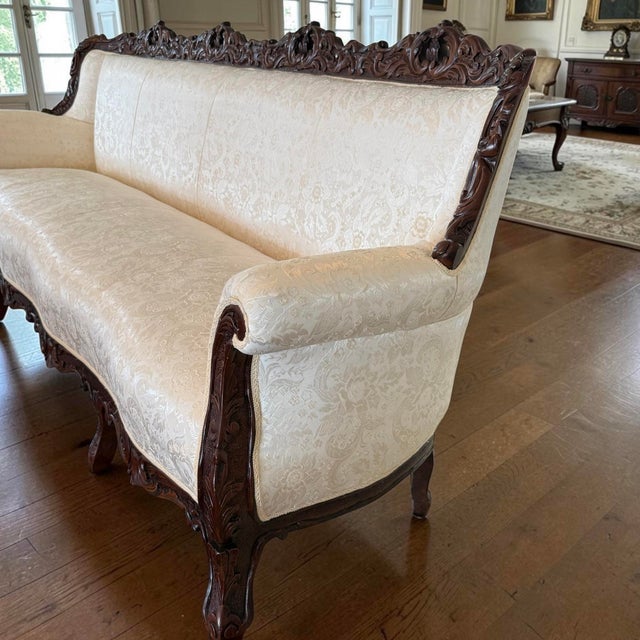 Wood 1970s 6 Piece Italian 19th C. Renaissance Revival Damask Sofa Settee Armchair Set For Sale - Image 7 of 17