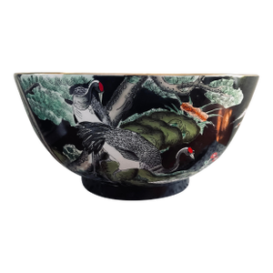 Vintage Black Chinese Bowl With Cranes