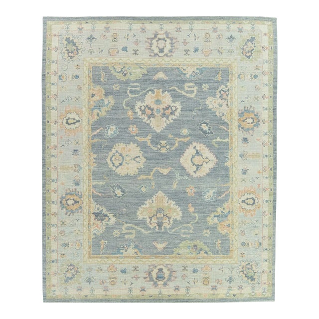 Moon Gray Blue Field Multicolor Handwoven Turkish Oushak Rug 8'1" X 9'9" For Sale