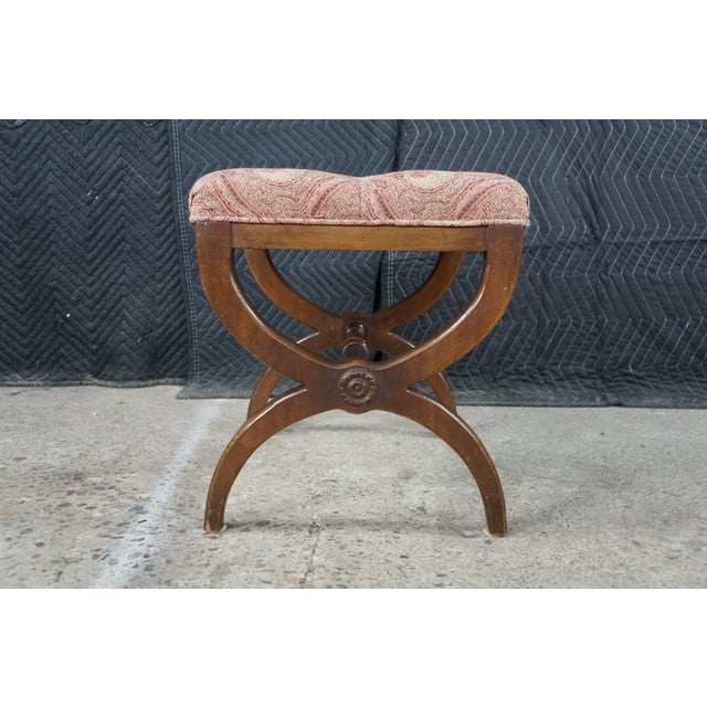 Antique English Regency Mahogany X Frame Paisley Tufted Ottoman Stool Bench For Sale - Image 15 of 18