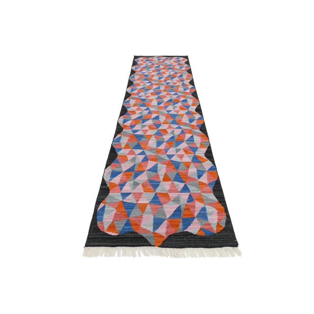 Textile Modern Abstract Geometric Flat-Weave Kilim Wool Runner by Apadana For Sale - Image 7 of 9