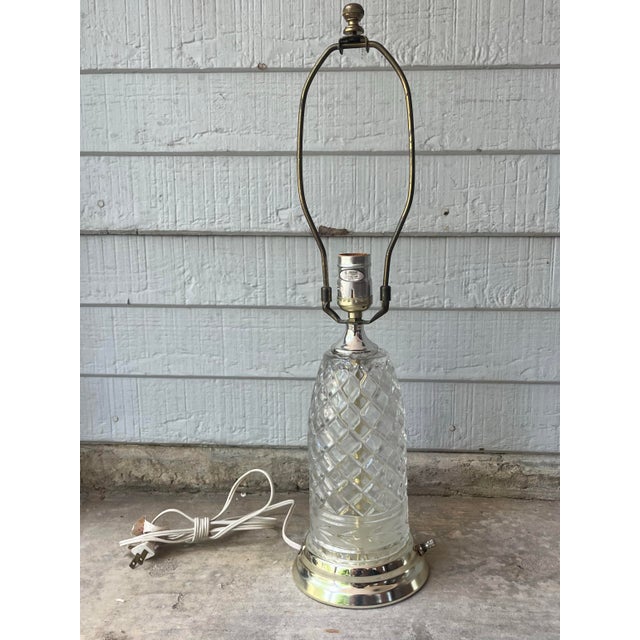 1980s Vintage Pair of Leviton 3-Way Cut Glass Crystal Gold Tone Table Lamps For Sale - Image 4 of 12