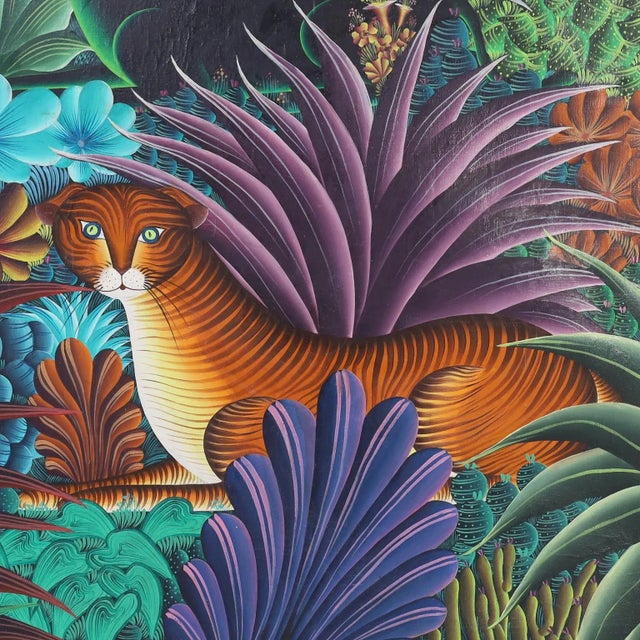 Forest Green Painting on Canvas of Cats in a Jungle For Sale - Image 8 of 11