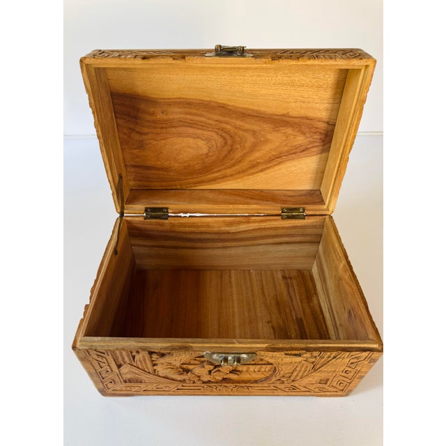 Vintage Chinese Hand Carved Hardwood Jewelry Box Scenic Relief Brass Lock For Sale - Image 10 of 13