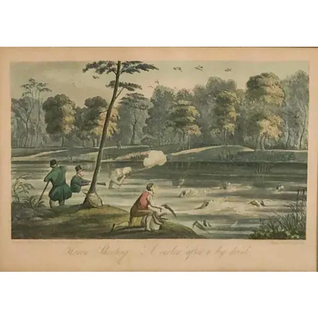 English 1850s Antique Engraving River Bird Hunting Scene Etching Gilded Frame For Sale - Image 3 of 3