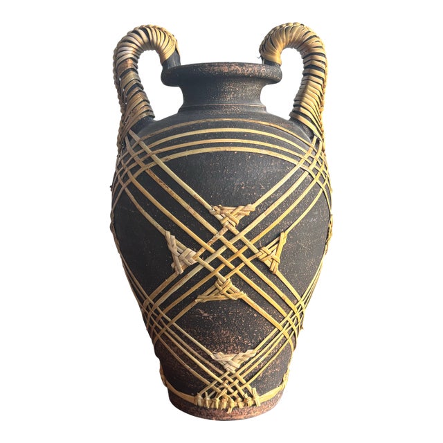 Vintage Coastal Stoneware and Cane Floor Vase - Organic Modern For Sale