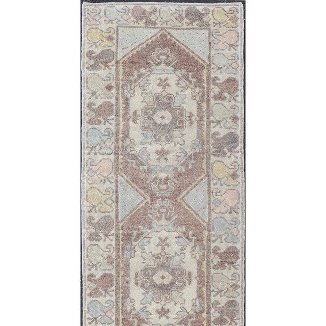 Classic Medallion Design Turkish Oushak Runner in Soft Pastel Tones For Sale - Image 4 of 14