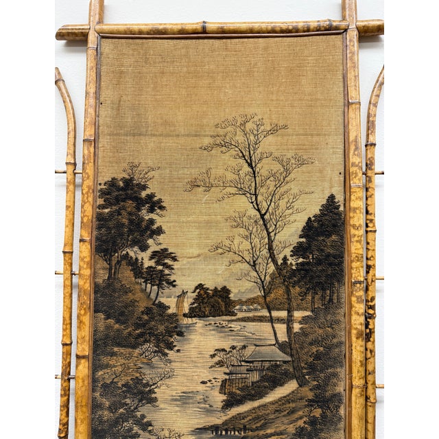 Pair of Scenic Asian Silk and Cotton Panels in Tortoise Bamboo Frames, C. 1920’s For Sale - Image 10 of 12