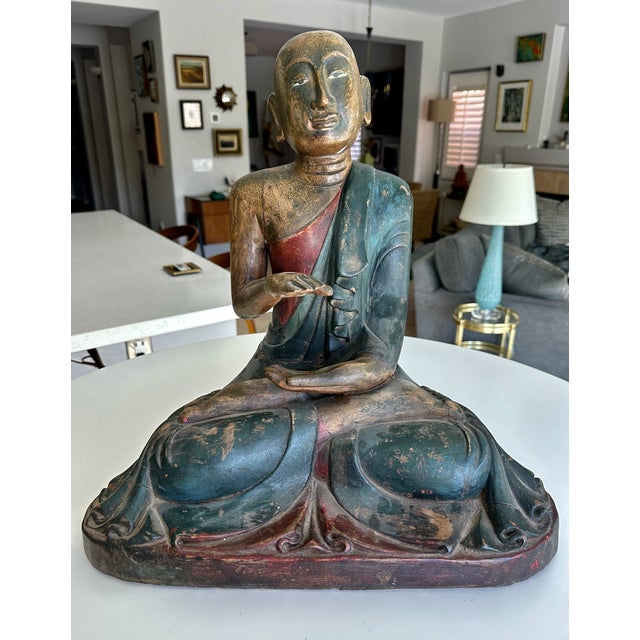 Antique Burmese Buddhist Monk Polychrome Wood Carving Statue For Sale - Image 4 of 18