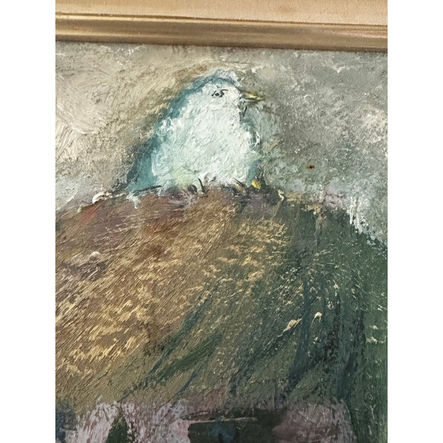 Japanese 1970s Japanese Modernist Oil Painting “Bird and Girl” Signed For Sale - Image 3 of 6