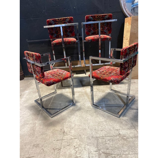 1970s Set of 4 Architectural Chrome Chairs Upholstered in Teimani Fabric For Sale - Image 4 of 10