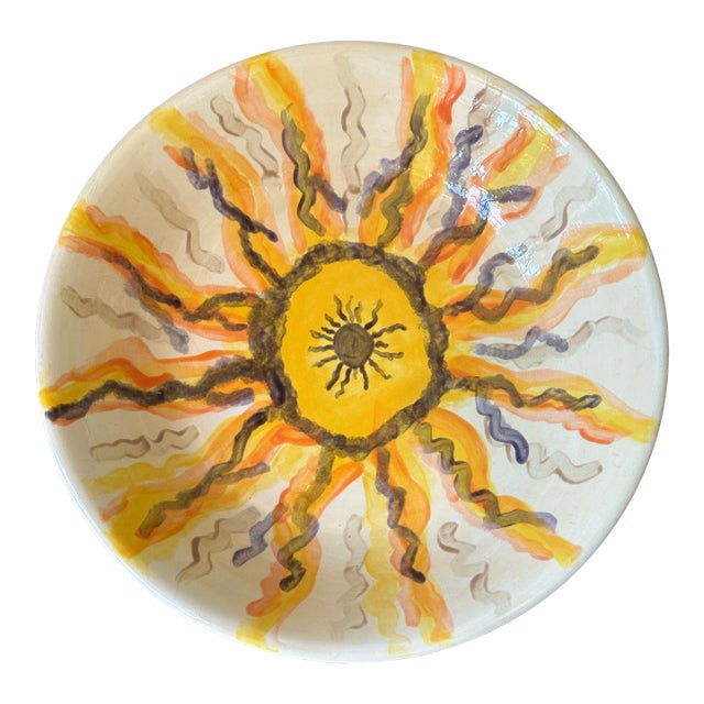 Vintage 12.5” Signed Sunburst Ceramic Pottery Bowl For Sale