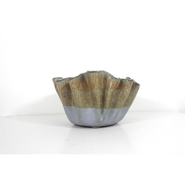 Vintage Sculptural Signed Studio Pottery Footed Bowl Organic Ruffled Edge For Sale - Image 6 of 13