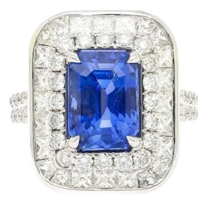 Gia Certified 6 Carat Emerald Cut No Heat Burma Blue Sapphire & Diamond Ring