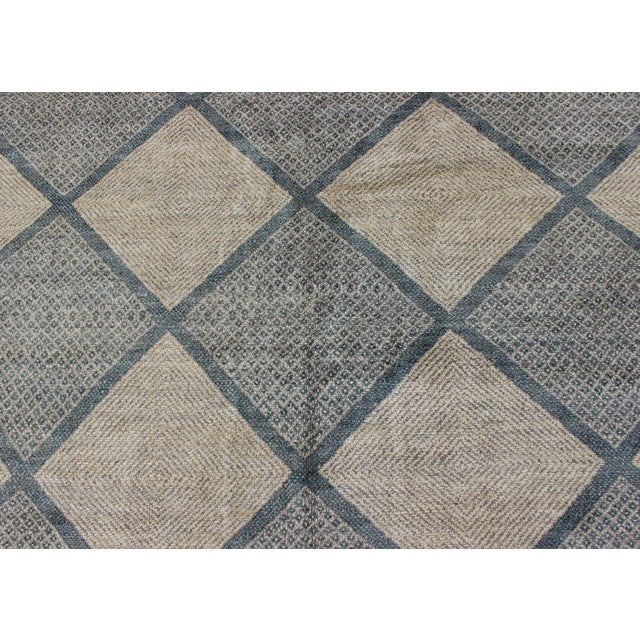 Large Gallery Rug in Modern Diamond Design in Blue-Green and Cream For Sale - Image 10 of 13