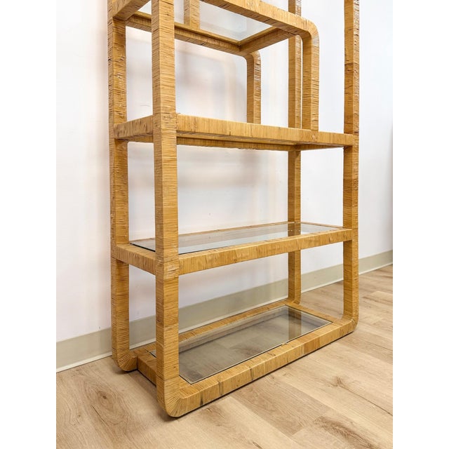 Mid 20th Century Coastal Etagere Rattan Wrapped Milo Baughman Style Five Tier Glass Shelf MCM For Sale - Image 5 of 15