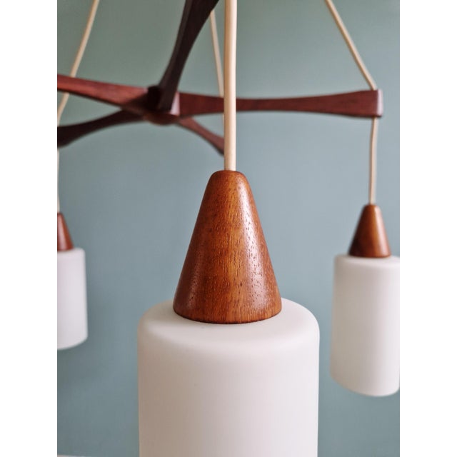 Wood Large Scandinavian Chandelier in Teak and Satin White Opaline Glass, 1960s For Sale - Image 7 of 17