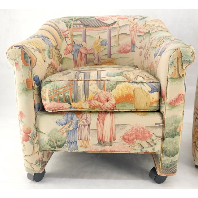 Pair Asian Silk Motive Round Barrel Back Upholstery Lounge Chairs Casters MINT For Sale - Image 9 of 10