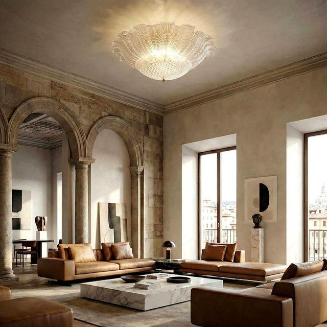 Very large Mid Century Modern Murano glass flush mount chandelier, attributed to Barovier & Toso, Italy 1970s. The huge...