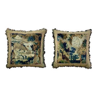 Antique French Tapestry Pillows Floral Needlepoint Tassels, Pair For Sale