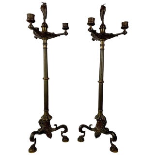 Pair of French Empire Bronze Candelabras With Tripod Base-Early 19th Century For Sale