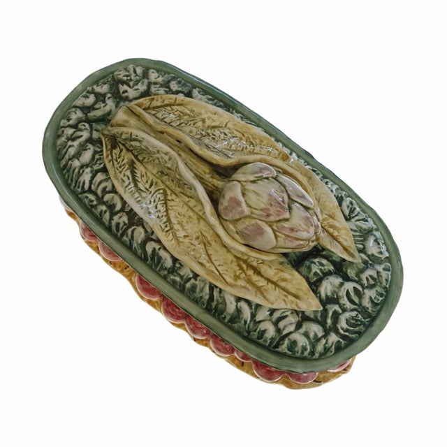 French Country Tiffany & Co Large Artichoke Lidded Tureen Painted Molded Vintage Nove Ceramic Italy For Sale - Image 3 of 10