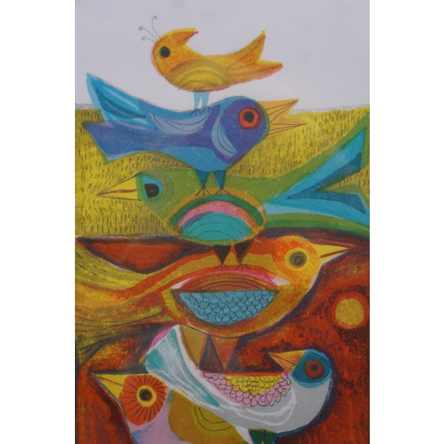 1970s Judith Bledsoe Signed Charm of Finches Stacked Birds Lithograph Print 29" For Sale - Image 10 of 12