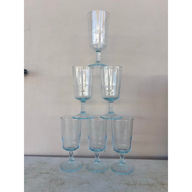Glass Vintage Aqua Blue Tint Wine Goblets- 6 For Sale - Image 7 of 9