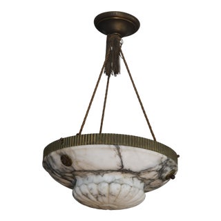 1930s Art Deco Carved Polished Alabaster and Bronze & Brass Chandelier With Canopy For Sale