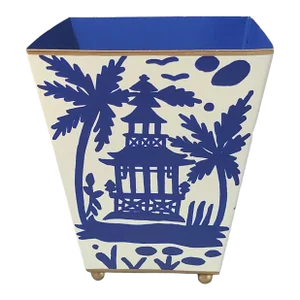 Late 20th Century Decorative Chinoiserie Pagoda, Blue & White Tole Metal Cachepot Planter