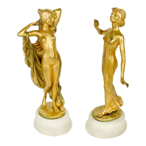 Pair of Gilt Bronze & Marble Semi Nude Sculptures by Rudolf Podany, France, 1910