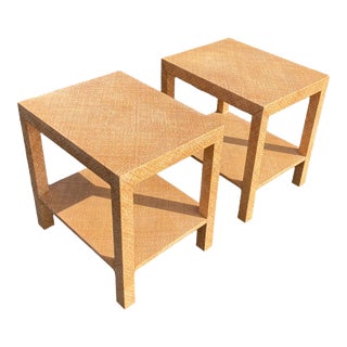 Pair of Modern Custom Raffia Wrapped Grasscloth Parsons Side Tables For Sale