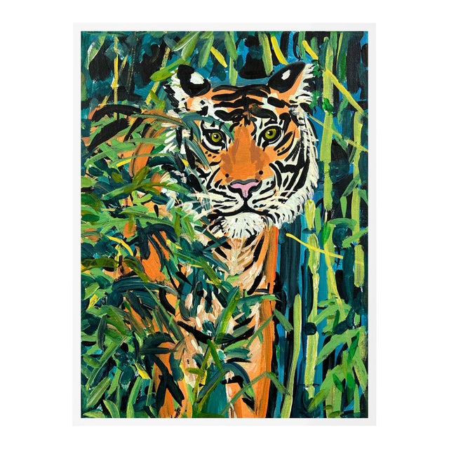 Tiger in Bamboo by Jelly Chen in White Framed Paper, Small Art Print For Sale