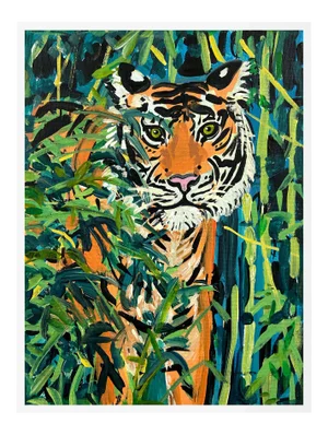 Tiger in Bamboo by Jelly Chen in White Framed Paper, Small Art Print