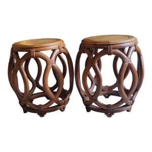 Pair of 1970s Carved Bamboo Styled Chinese Garden Stools or Side Tables