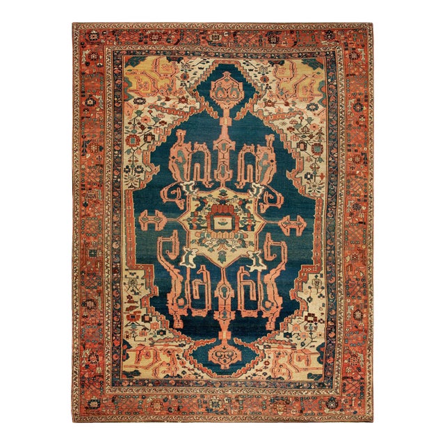 1870s Blue Navy Medallion Tribal Antique n.w. Persian Bakshaiesh Rug 9' X 12' Handknotted Wool Carpet For Sale