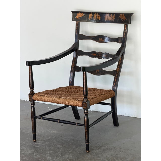 English Regency Style Crackle Finish Chinoiserie & Classical Stenciled Rush Seat Armchair For Sale In Chicago - Image 6 of 12