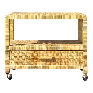 Late 20th Century Vintage Woven Rattan Tv Stand on Wheels For Sale