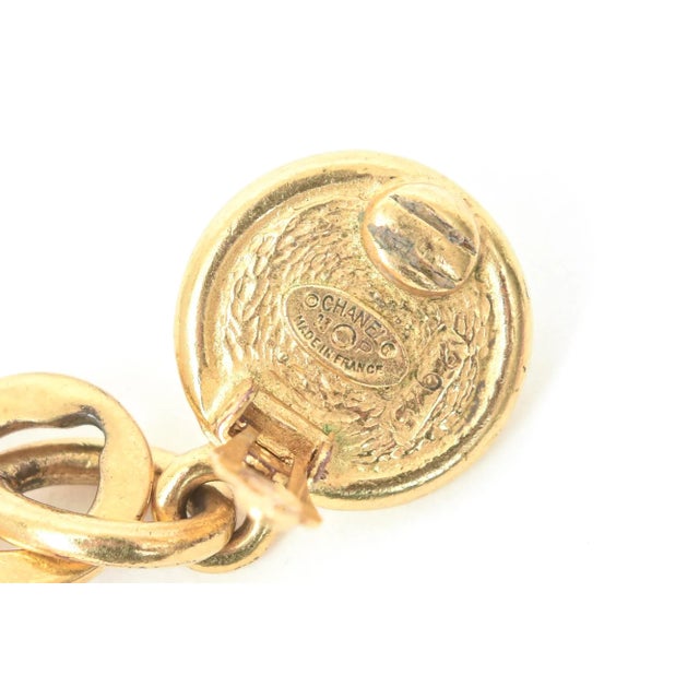 Metal Vintage Chanel Gold Plated and Faux Pearl Clip on Dangle Earrings With CC's, 1993 For Sale - Image 7 of 7
