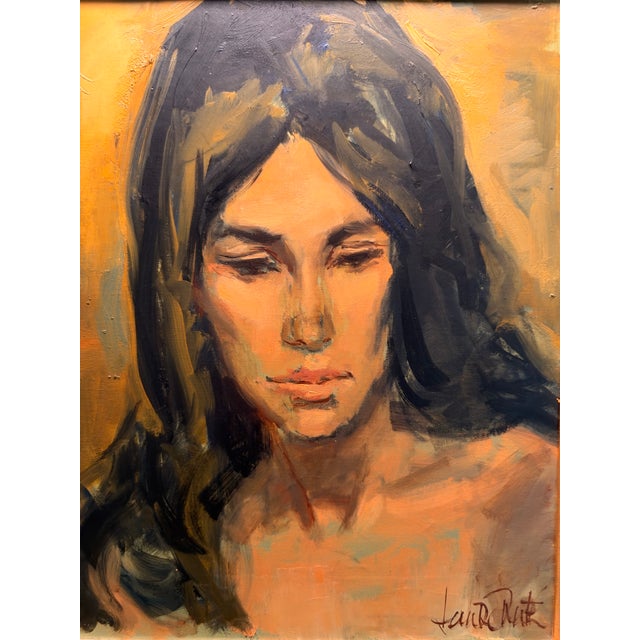 An expressive oil-on-canvas portrait by Jan De Ruth, depicting a dark-haired woman with a softly lowered gaze. Confident,...
