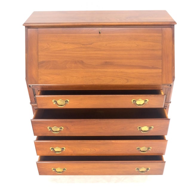 American American Solid Cherry 4 Drawers Drop Front Secretary Desk Solid Brass Pulls For Sale - Image 3 of 12