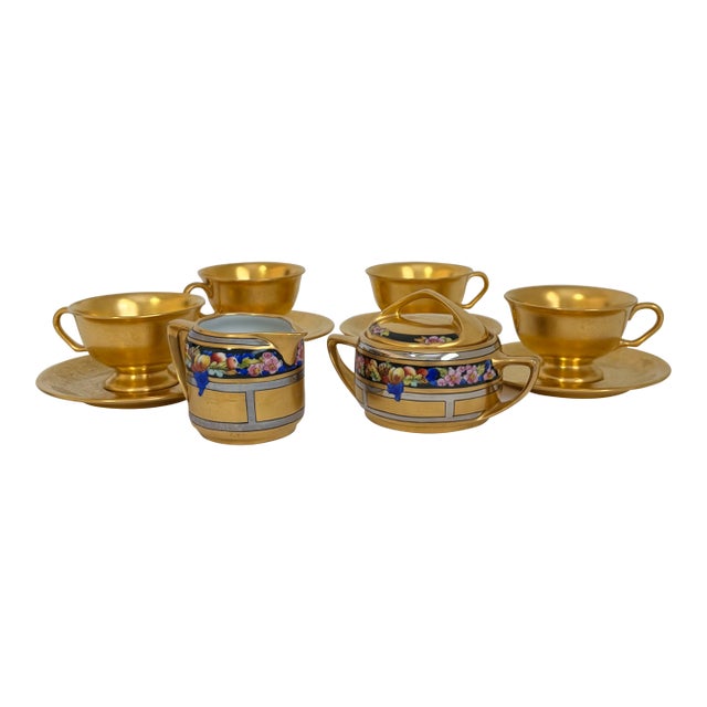 1900s Pickard Gold Porcelain Tea Service Combined With Rean-Signed Creamer and Sugar Set For Sale