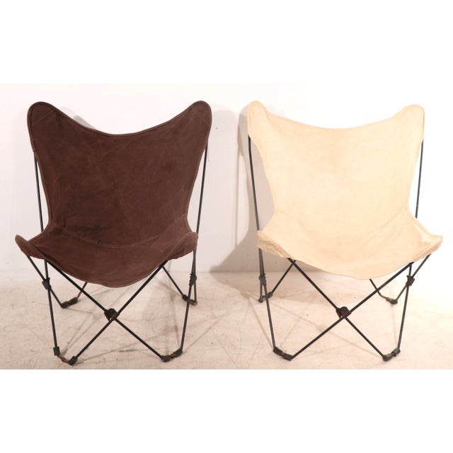 Jorge Ferrari Hardoy 2 Mid Century Canvas Sling Butterfly Chairs on Folding Wrought Iron Frames For Sale - Image 4 of 8