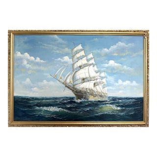 Oil Painting Tall Ship Seascape Maritime Art Sailing Ship Ocean Waves Signed For Sale